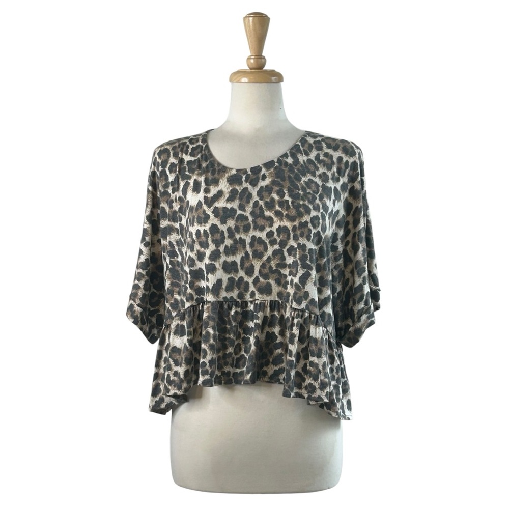 GRADE GATHER Top S/M Black Brown Leopard Peplum Frill Short Sleeve Oversized